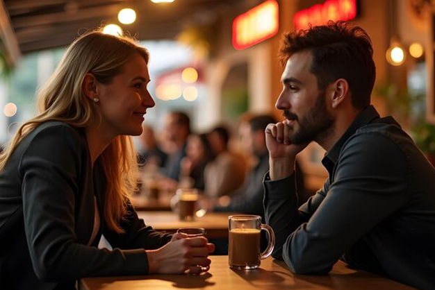 Casal conversando de forma aberta e respeitosa sobre o meio liberal